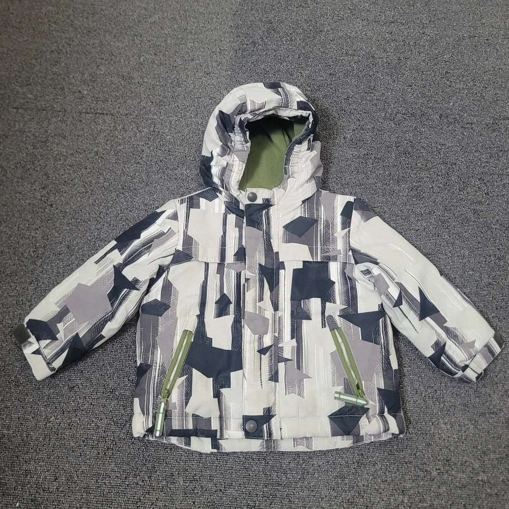 Cat & Jack Size 3T Puffer Jacket Boys Grey Geometric Hooded Winter Coat